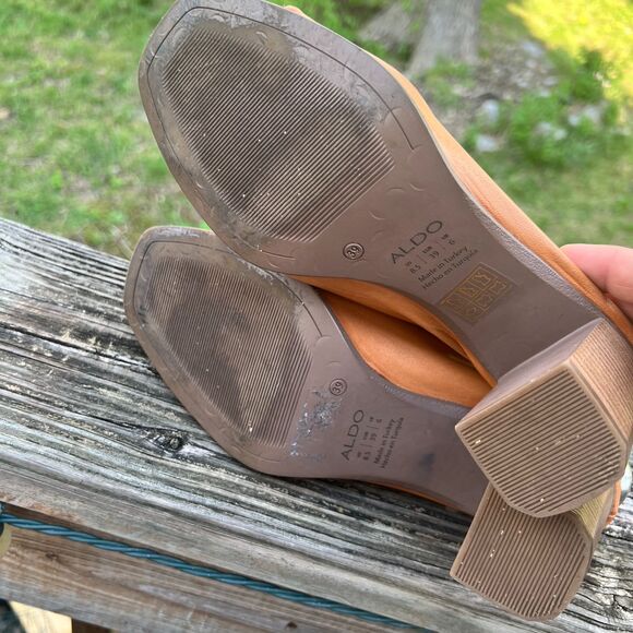 Aldo Brown Genuine Leather Peep Toe Chunky Heel Ankle Strap Size 8.5 Wood Heel - Picture 11 of 12